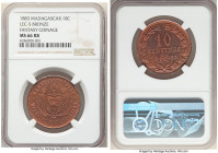 Ranavalona III bronze Fantasy 10 Centimes 1883-E MS66 Red and Brown NGC, KM-X1, Lec-5. Fantasy Issue. Flashy with violet red color. 

HID09801242017...