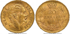 Milan I gold 20 Dinara 1882-V MS62 NGC, Vienna mint, KM17.1. Type I edge "God Protect Serbia". 

HID09801242017

© 2020 Heritage Auctions | All Ri...