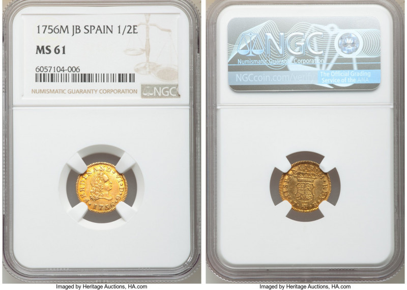 Ferdinand VI gold 1/2 Escudo 1756 M-JB MS61 NGC, Madrid mint, KM378. Attractive ...