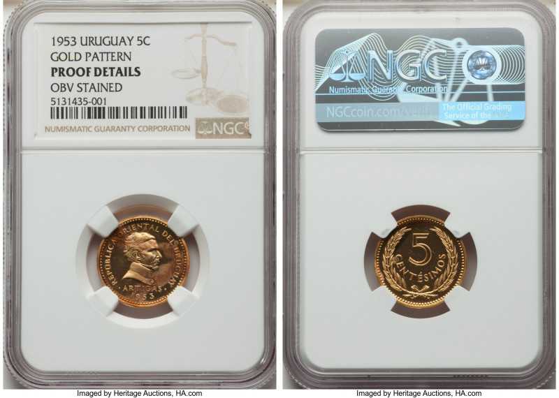 Republic gold Proof Pattern 5 Centesimos 1953 Details (Obverse Stained) NGC, KM-...