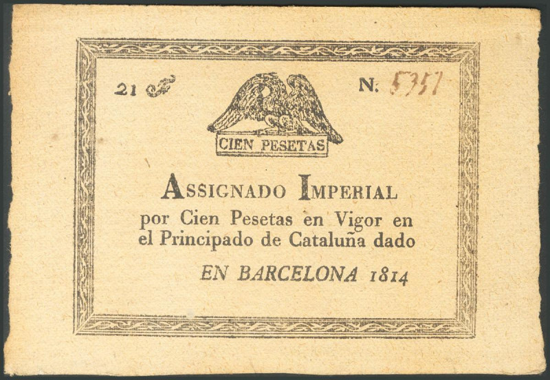 ASIGNADO IMPERIAL NAPOLEONICO. 100 Pesetas. 1814. (Edifil 2017: 15). MBC+.