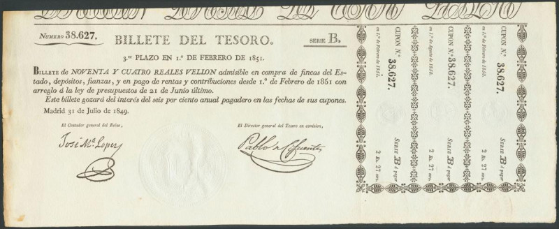 94 Reales de Vellón. 31 de Julio de 1849. Billete de la Dirección General del Te...
