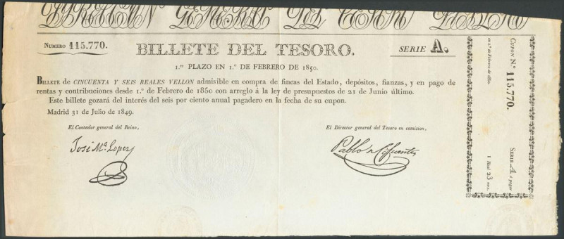 56 Reales de Vellón. 31 de Julio de 1849. Billete de la Dirección General del Te...