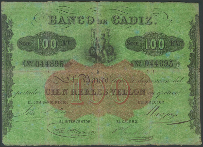 BANCO DE CADIZ. Emisión III. 100 Reales. Real Orden del 25 de Julio de 1847 (sin...