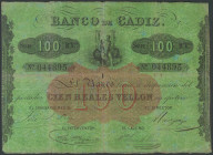 BANCO DE CADIZ. Emisión III. 100 Reales. Real Orden del 25 de Julio de 1847 (sin fechar). Cuatro firmas y resello en seco. (Edifil 2017: 78). Inusual,...