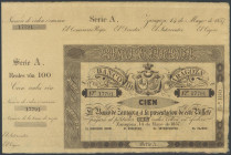100 Reales. 14 de Mayo de 1857. Banco de Zaragoza. Serie A y con matriz. (Edifil 2017: 126). SC-.