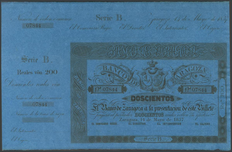 200 Reales. 14 de Mayo de 1857. Banco de Zaragoza. Serie B y con matriz. (Edifil...