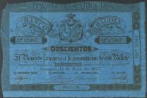 200 Reales de Vellón. 14 de Mayo de 1857. Banco de Zaragoza. Serie B, sin taladrar y con firmas. (Edifil 2017: 127C). MBC+.