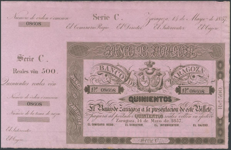 500 Reales. 14 de Mayo de 1857. Banco de Zaragoza. Serie C y con matriz. (Edifil...