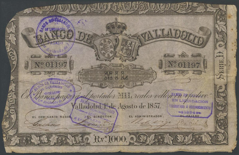 1000 Reales. 1 de Agosto de 1857. Banco de Valladolid. Serie D. (Edifil 2017: 13...