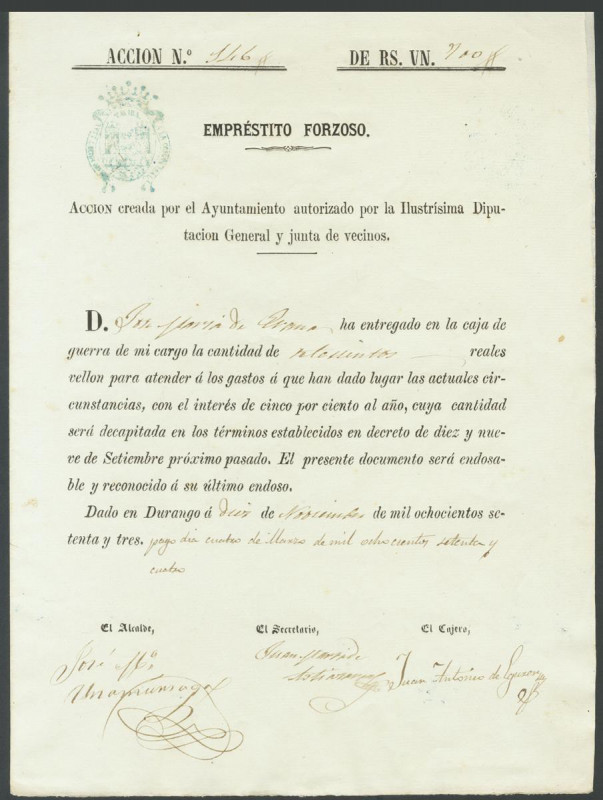 700 Reales (Empréstito Forzoso endosable). 10 de Noviembre de 1874. Emitido por ...