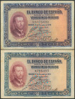 Conjunto de 2 billetes de 25 Pesetas emitidos el 12 de Octubre de 1926, sin serie y serie A, respectivamente. (Edifil 2017: 325, 325a). MBC.
