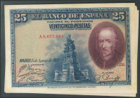 Conjunto de 6 billetes de 25 Pesetas emitidos el 15 de Agosto de 1928, con las series A, B, C, D y E y el sin serie. (Edifil 2017: 328, 353). SC/MBC+.