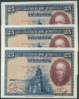 Conjunto de 3 billetes correlativos de 25 Pesetas emitidos el 15 de Agosto de 1928, todos ellos con la serie A y anteriores al 7780000. (Edifil 2017: ...