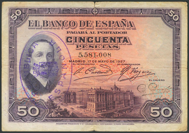 50 Pesetas. 17 de Mayo de 1927. Sin serie y con sello de caucho República / Espa...