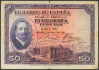 50 Pesetas. 17 de Mayo de 1927. Sin serie y con sello de caucho República / Española. (Edifil 2017: 332). BC+.
