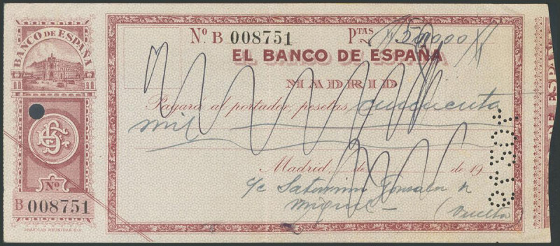 (1930ca). Pagaré del Banco de España, de la sucursal de Madrid con numeración y ...