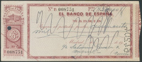 (1930ca). Pagaré del Banco de España, de la sucursal de Madrid con numeración y serie B, presenta toda la matriz izquierda y parte de la derecha, adem...
