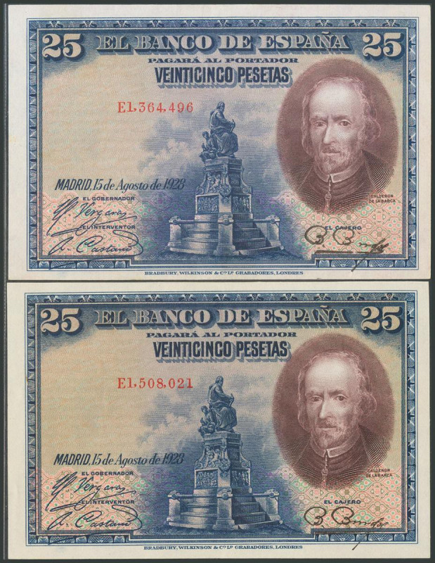 Conjunto de 2 billetes de 25 Pesetas, emitidos el 15 de Agosto de 1928, ambos co...