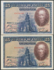 Conjunto de 2 billetes de 25 Pesetas, emitidos el 15 de Agosto de 1928, ambos con la serie E. (Edifil 2017: 353). Apresto original. EBC+.