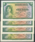 5 Pesetas. 1935. 4 billetes correlativos. Sin serie. (Edifil 2017: 363). Apresto original. SC/SC-.