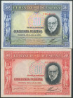 Conjunto de 2 billetes de 50 Pesetas emitidos el 22 de Julio de 1935, ambos sin serie y con los colores virados. A EXAMINAR.