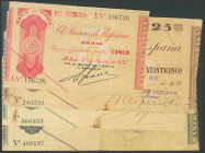 Conjunto completo de 4 billetes de 5 Pesetas, 25 Pesetas, 50 Pesetas y 100 Pesetas, emitidos a partir del 30 de Agosto de 1936 por el Banco de España ...