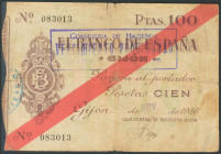 100 Pesetas. 1936. Banco de Gijón. Sin serie. (Edifil 2017: 384). BC+.