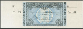 50 Pesetas. 1 de Enero de 1937. Sucursal de Bilbao, antefirma Banco de Vizcaya. Sin serie y sin numeración, con ambas matrices. (Edifil 2017: 389b). E...