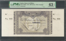 500 Pesetas. 1 de Enero de 1937. Sucursal de Bilbao, Antefirma Banco Central. Sin serie y Sin numeración, con ambas matrices. (Edifil 2017: NE26b). Mu...