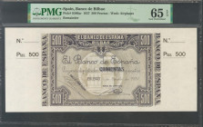 500 Pesetas. 1 de Enero de 1937. Sucursal de Bilbao, antefirma Banco del Comercio. Sin Serie y sin numeración, con ambas matrices. (Edifil 2017: NE26c...