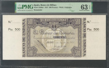 500 Pesetas. 1 de Enero de 1937. Sucursal de Bilbao, antefirma Banco de Vizcaya. Sin serie y sin numeración, con ambas matrices. (Edifil 2017: NE26g)....