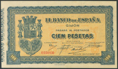 100 Pesetas. Septiembre 1937. Banco de España, sucursal de Gijón. Sin serie. (Edifil 2017: 399). EBC.