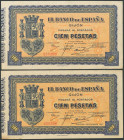 100 Pesetas. Septiembre 1937. Banco de España, sucursal de Gijón. Pareja correlativa. Sin serie. (Edifil 2017: 399). EBC+.