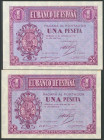 1 Peseta. 12 de Octubre de 1937. Serie B. (Edifil 2017: 425a). Conserva todo su apresto original, uno de los billetes manchita en la esquina superior ...