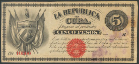 REPUBLICA DE CUBA. 5 Pesos. 1869. Serie B. (Edifil 2017: 32). Manchitas de humedad, típica de ambientes tropicales y papeles endebles. MBC.