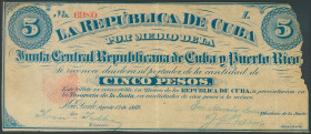 REPUBLICA DE CUBA 1869. 5 Pesos. 17 de Agosto de 1869. Serie I. (Edifil 2017: 36). Papel erosionado (falta) en la esquina superior derecha. RC.