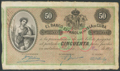 BANCO ESPAÑOL DE LA ISLA DE CUBA. 50 Pesos. 15 de Mayo de 1896. Serie D. (Edifil 2017: 74). MBC+.