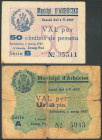 ARBUCIES (GERONA). 50 Céntimos y 1 Peseta. 1 de Mayo de 1937. Series B y A, respectivamente. (González: 6322/23). Rara serie completa. EBC-/BC.