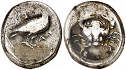 (495-480/478 a.C.). Sicilia. Akragas. Didracma. (S. 709A var) (CNG. II, 96). Acuñación floja en pequeña zona. 8,26 g. BC+/MBC-.