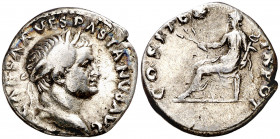 (70 d.C.). Vespasiano. Denario. (Spink 2285) (S. 94h) (RIC. 29). 3,19 g. MBC-.