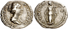 (154-156 d.C.). Faustina hija. Denario. (Spink 4703 var) (S. 42) (RIC. 500b, de Antonino pío). 3,02 g. MBC.