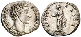 (148-149 d.C.). Marco Aurelio. Denario. (Spink 4781) (S. 16) (RIC. 448d). Leve grieta. 3,33 g. MBC+.