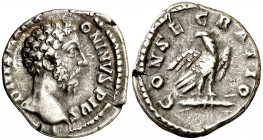 (180 d.C.). Marco Aurelio. Denario. (Spink 5972) (S. 83) (RIC. 269, Cómodo). 3,05 g. MBC.