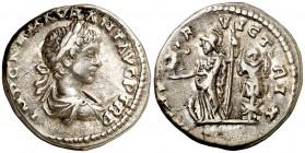 (198 d.C.). Caracalla. Denario. (Spink 6820) (S. 159) (RIC. 25a). 3,38 g. MBC.