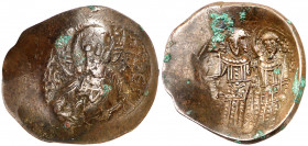 Alejo III, Ángelo-Comneno (1195-1203). Constantinopla. Aspron trachy de vellón. (Ratto 2205 sim) (S. 2012 sim). Adherencias. 2,95 g. (MBC).