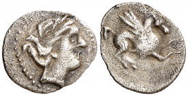 Divisores de imitación emporitana. Hemióbolo. (FAB. 1105 sim) (ACIP. 511, mismo ejemplar) (Villaronga III, nº 741, mismo ejemplar). 0,38 g. MBC+.