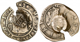 s/d (1603-1606). Felipe III. Burgos. (AC. 360). Resello de valor IIII sobre 2 maravedís de Cuenca de Felipe II. Grieta. 3,58 g. (MBC).