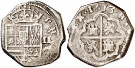 1613. Felipe III. (Segovia). (B). 2 reales. (AC. 642). Atribuimos esta pieza a Segovia por su estilo. Rara. 6,89 g. (MBC-).
