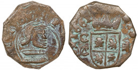 1661. Felipe IV. Cuenca. 8 maravedís. (J.S. pág. 406). Acuñación a martillo. Falsa de época. Escasa. 1,43 g. MBC+.
